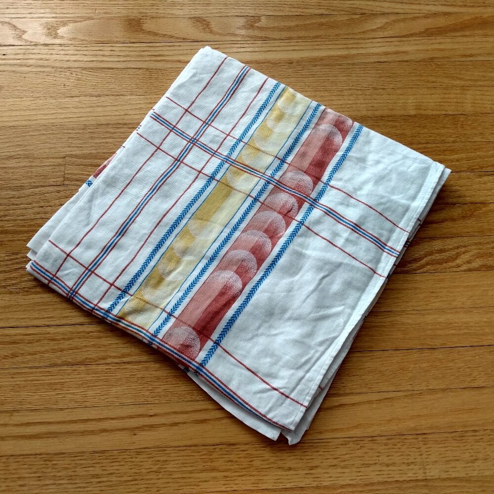 Vintage Tablecloth White Red Yellow Blue Retro Picnic BBQ